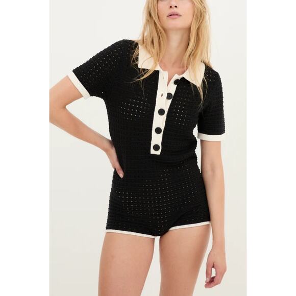 NWT Sophie + Lucie Open Knitted Jumpsuit Romper Cream Cotton Fitted Polo Size L - Picture 2 of 6